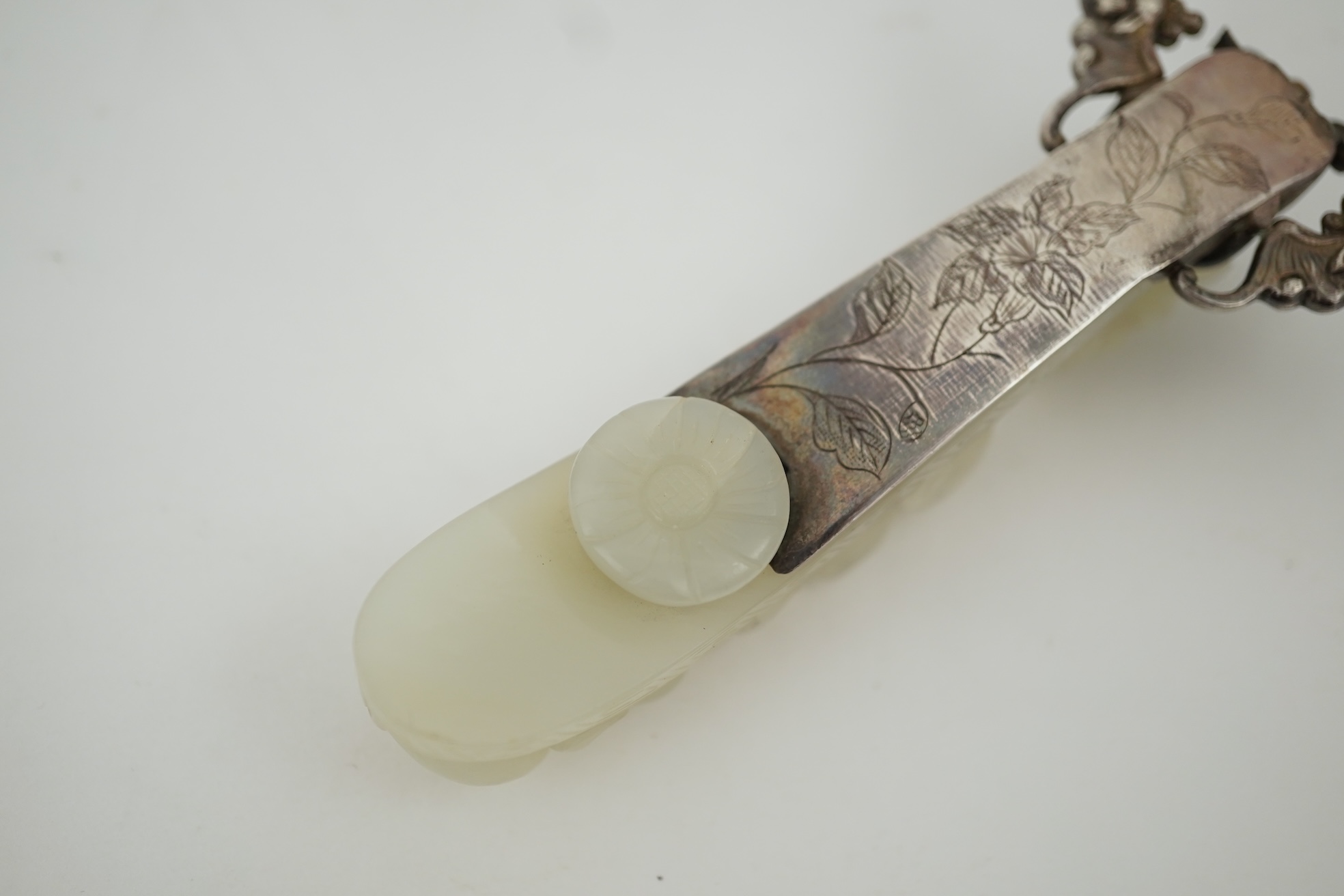 A Chinese jade and cabochon mounted hand mirror, the jade 18th/19th century